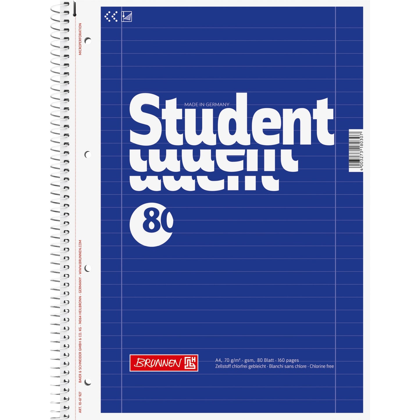 BRUNNEN Collegeblock Student DIN A4 liniert mit Rand innen/außen 70g/m² blau 80 Bl.