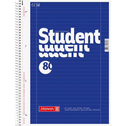 BRUNNEN Collegeblock Student DIN A4 liniert mit Rand innen/außen 70g/m² blau 80 Bl.