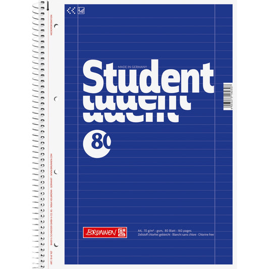 BRUNNEN Collegeblock Student DIN A4 liniert mit Rand innen/außen 70g/m² blau 80 Bl.