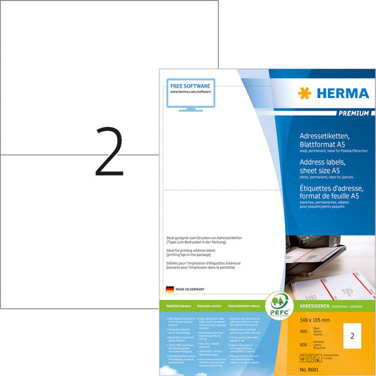 HERMA Adressetikett PREMIUM 148 x 105 mm (B x H) Papier weiß 800 Etik./Pack.