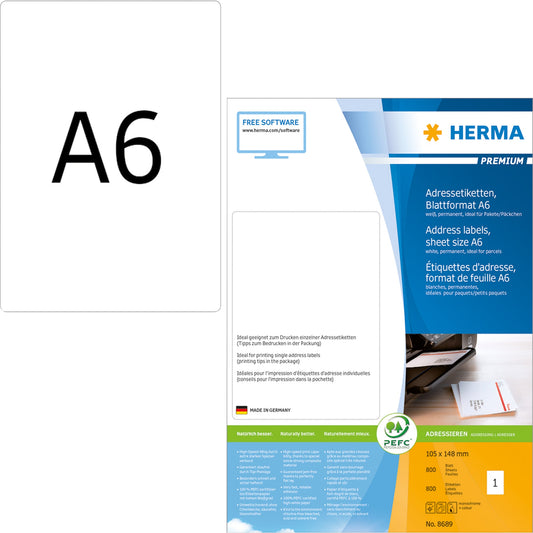 HERMA Adressetikett PREMIUM 105 x 148 mm (B x H) Papier weiß 800 Etik./Pack.