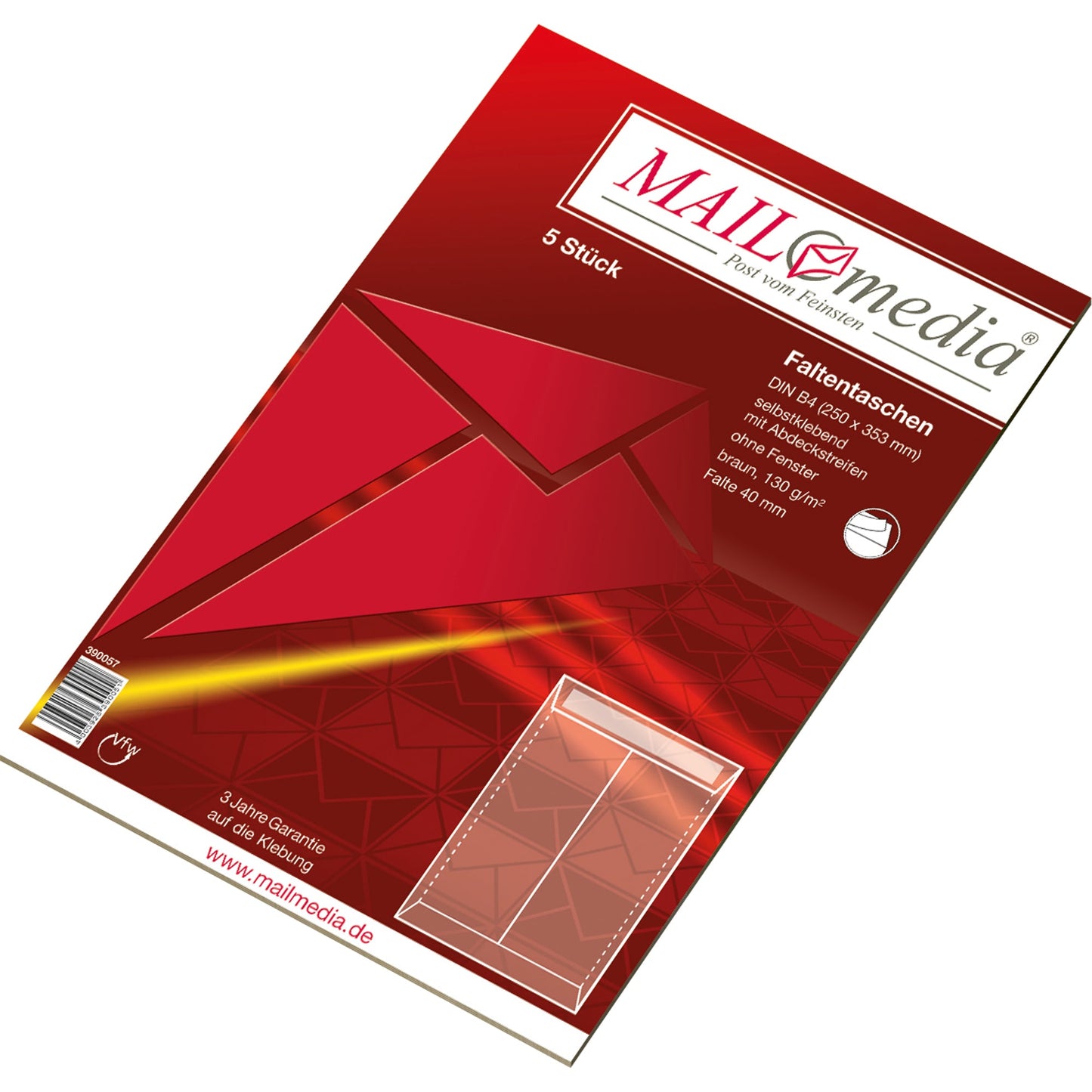 MAILmedia Faltentasche DIN B4 250 x 353 mm (B x H) ohne Fenster 125g/m² mit Haftklebung Natronpapier braun 5 St./Pack.