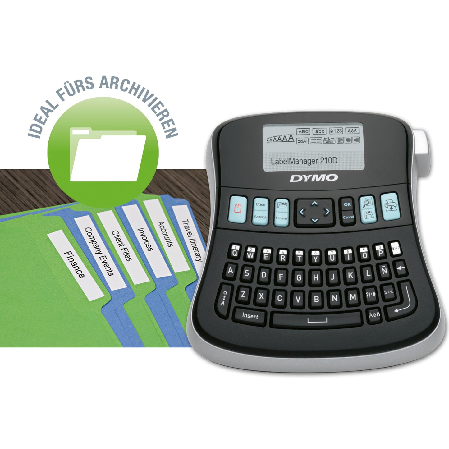 DYMO® Beschriftungsgerät LabelManagerT 210D+ 1 Display-Zeile 8 Schriftgrößen 2 Druckzeilen inkl. Netzteil, D1-Starter-Schriftbandkassette (12 mm x 3 m, schwarz auf weiß), Kurzanleitung