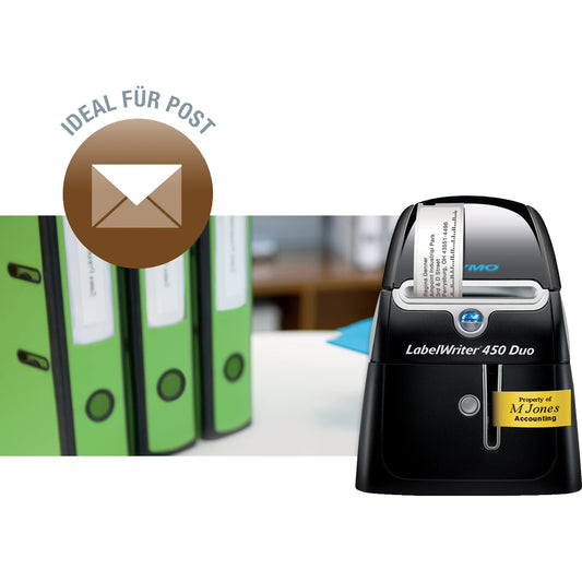 DYMO® Etikettendrucker LabelWriterT 450 Duo 71 Etik./Min. USB 2.0 inkl. 20 Starter Etiketten (89 x 36 mm), D1-Schriftband (24 mm x 3 m, schwarz auf weiß), Adapter, Netzkabel, USB-Kabel, Kurzanleitung