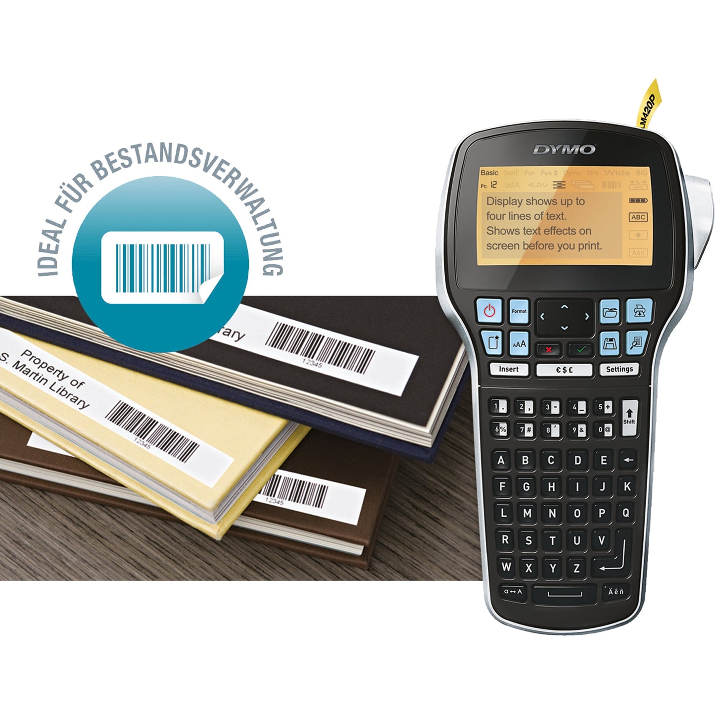 DYMO® Beschriftungsgerät LabelManagerT 420P 4 Display-Zeilen 7 Schriftgrößen 4 Druckzeilen inkl. 4 D1-Schriftbandkassetten, USB-Kabel, Akku, Kurzanleitung, Garantiekarte, Netzteil