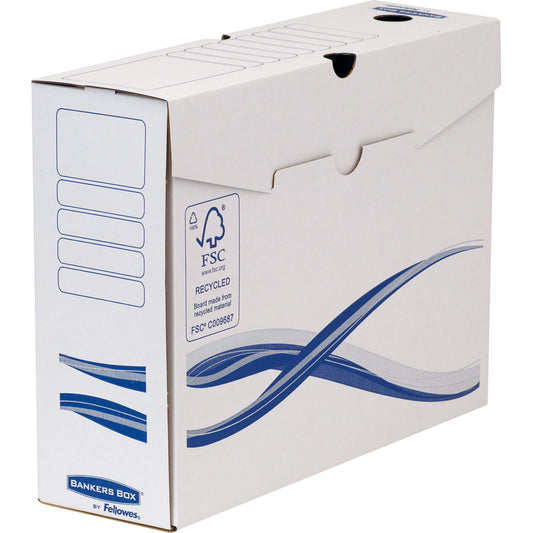 Bankers Box® Archivschachtel Basic 10 x 25,5 x 34 cm (B x H x T) DIN A4, DIN A4 Überbreite mit Archivdruck Karton, recycelt weiß/blau 25 St./Pack.