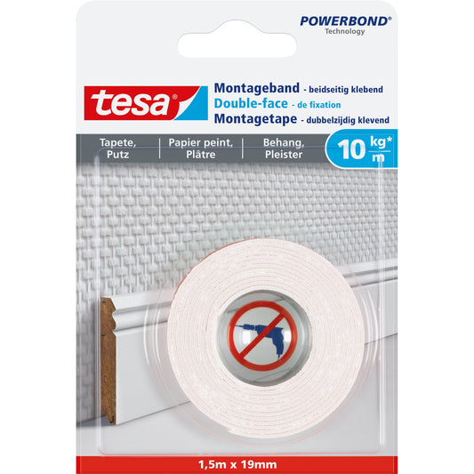 tesa® Montageklebeband Innenbereich 19 mm x 1,5 m (B x L) 10kg beidseitig klebend weiß