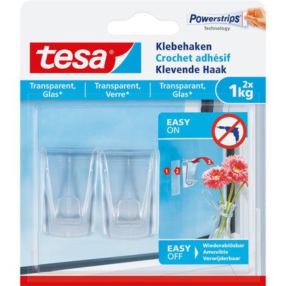 tesa® Haken Powerstrips® Glasflächen 27 x 45 mm (B x L) 1kg inkl. vier Klebestreifen transparent 2 St./Pack.