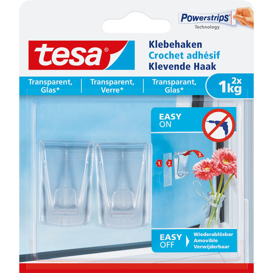 tesa® Haken Powerstrips® Glasflächen 27 x 45 mm (B x L) 1kg inkl. vier Klebestreifen transparent 2 St./Pack.