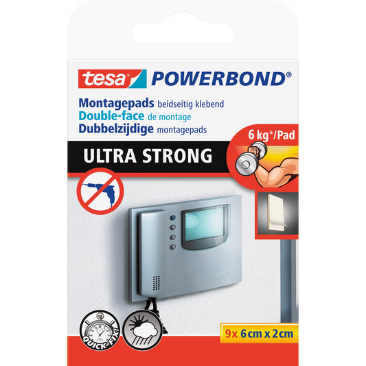 tesa® Klebepad Powerbond® Ultra Strong Kacheln, Holz, Kunststoff Innenbereich, regengeschützter Außenbereich 20 x 60 mm (B x L) weiß 9 St./Pack.
