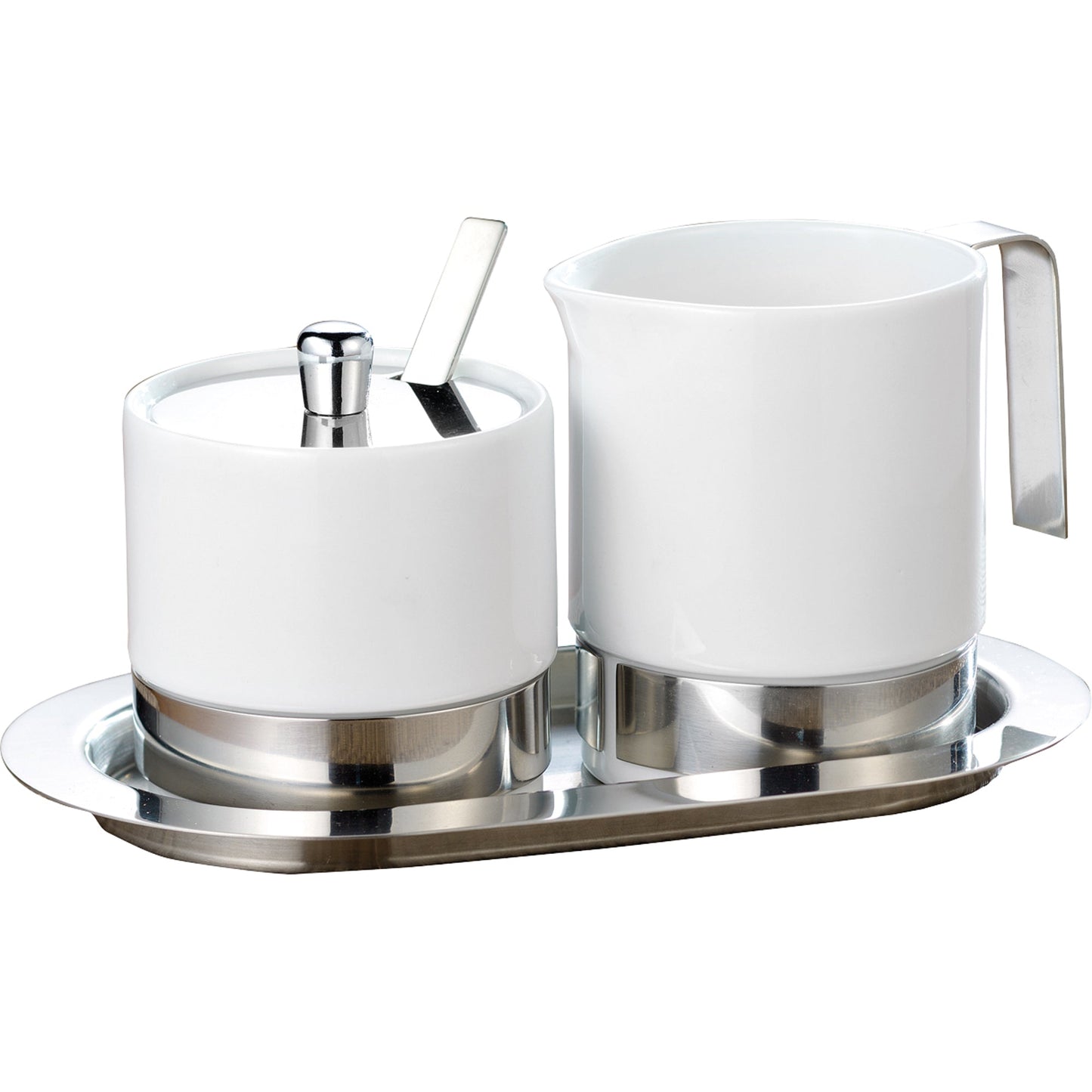 Esmeyer® Zucker-Milchset ADAM ca. 20 x 11,5 cm (B x H) inkl. Sahnegießer 0,25 l, Zuckerdose 0,2 l, Deckel, Löffel, Serviertablett Porzellan/Edelstahl weiß 5 St./Pack.