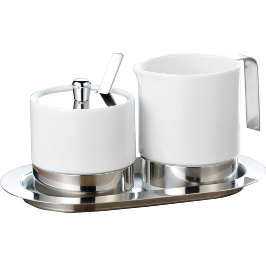 Esmeyer® Zucker-Milchset ADAM ca. 20 x 11,5 cm (B x H) inkl. Sahnegießer 0,25 l, Zuckerdose 0,2 l, Deckel, Löffel, Serviertablett Porzellan/Edelstahl weiß 5 St./Pack.