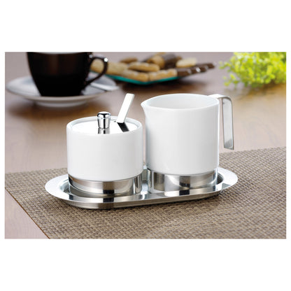 Esmeyer® Zucker-Milchset ADAM ca. 20 x 11,5 cm (B x H) inkl. Sahnegießer 0,25 l, Zuckerdose 0,2 l, Deckel, Löffel, Serviertablett Porzellan/Edelstahl weiß 5 St./Pack.