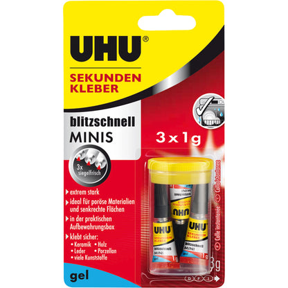 UHU® Sekundenkleber blitzschnell MINIS Gel universell 3 x 1 g/Pack.