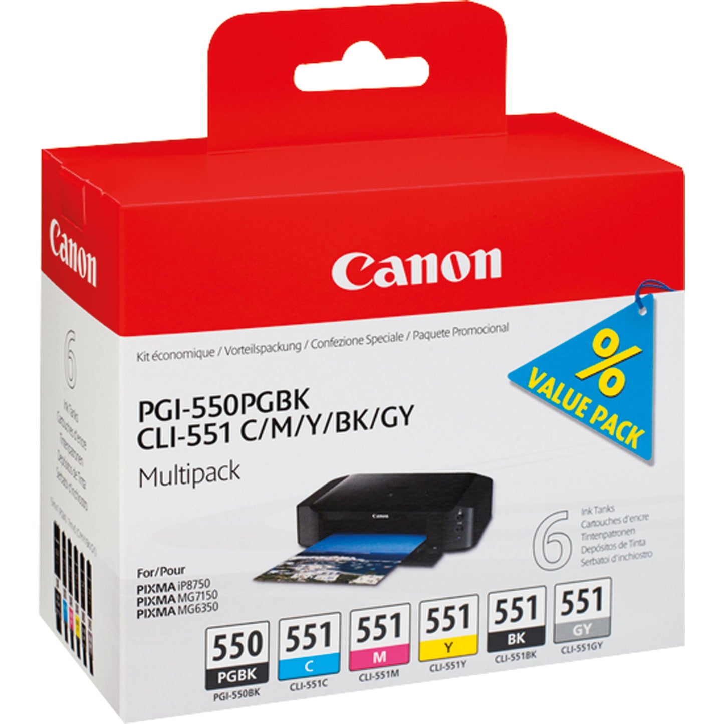 Canon Tintenpatrone Originalzubehör PGI-550PGBK/CLI-551 C/M/Y/BK/GY ca. 2 x 300 Seiten schwarz, ca. 4 x 330 Seiten farbig schwarz, mehrfarbig 6 St./Pack.