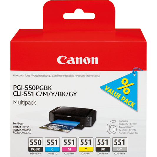 Canon Tintenpatrone Originalzubehör PGI-550PGBK/CLI-551 C/M/Y/BK/GY ca. 2 x 300 Seiten schwarz, ca. 4 x 330 Seiten farbig schwarz, mehrfarbig 6 St./Pack.