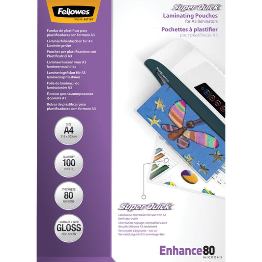 Fellowes® Laminierfolie Enhance Super QuickT 216 x 303 mm (B x H) DIN A4 80µm glänzend 100 St./Pack.