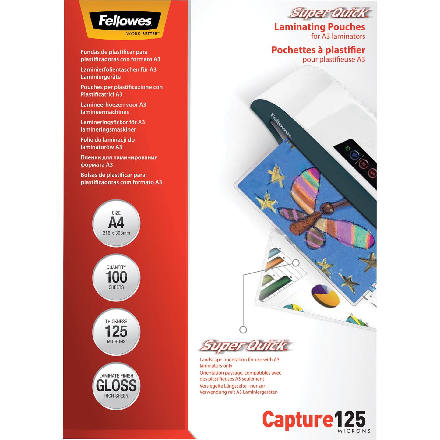 Fellowes® Laminierfolie SuperQuickT 216 x 303 mm (B x H) DIN A4 125µm glänzend 100 St./Pack.