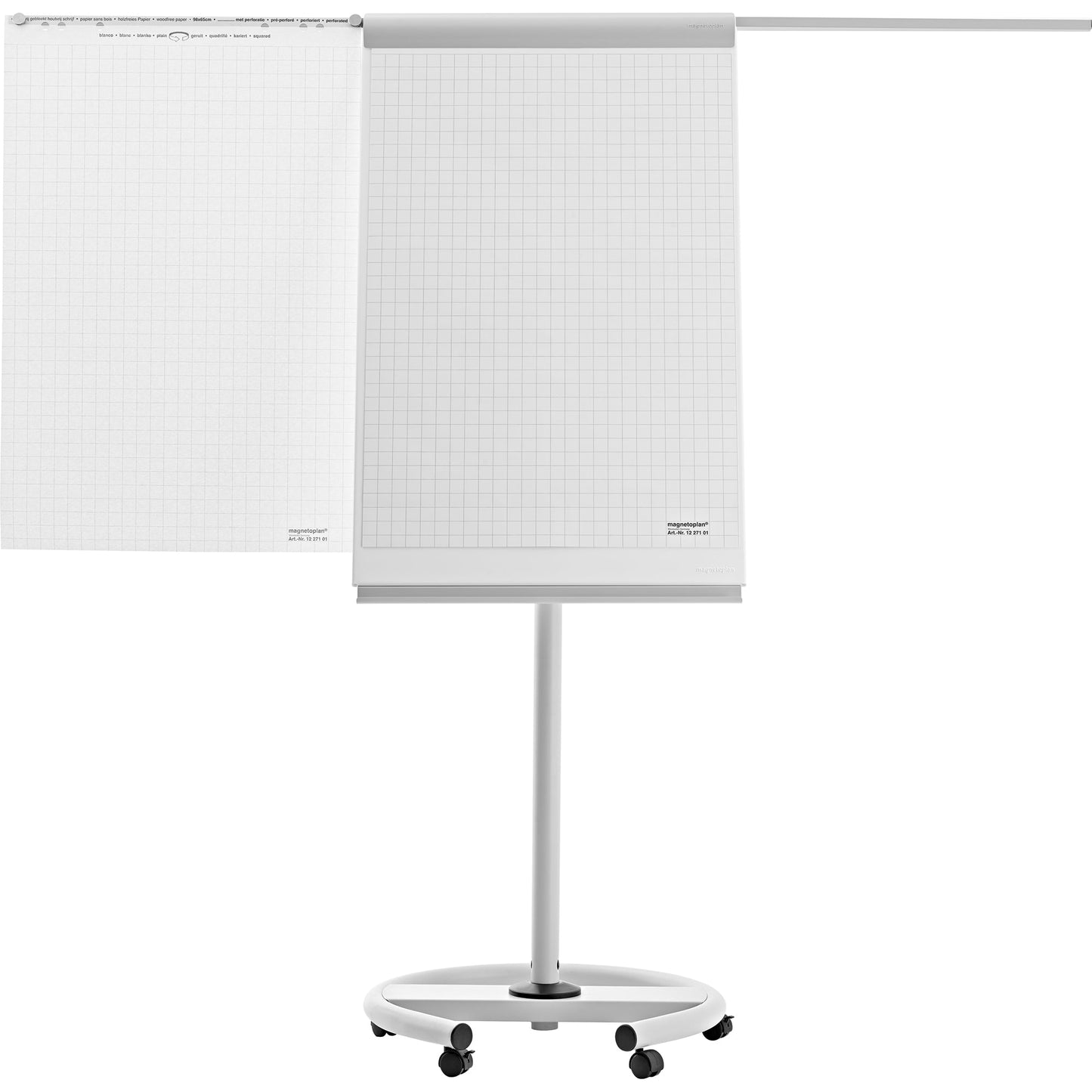 magnetoplan® Mobiles Flipchart de Luxe mit Ablageschale Rundfuß mit 5 Rollen Metall lichtgrau