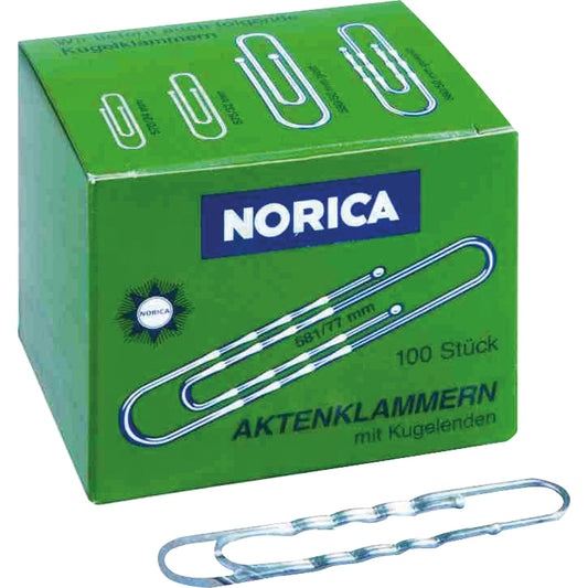 NORICA® Büroklammer gewellt, runde Form, mit Kugelenden 77mm Metall, verzinkt silber 100 St./Pack.