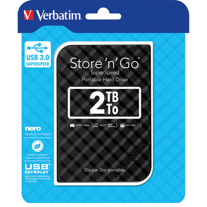 Verbatim Festplatte extern Store 'n' Go 119 x 81 x 14.5 mm (B x H x T) USB 3.0 2 Tbyte inkl. USB 3.0-Kabel, Kurzanleitung, Software-Paket für Windows® (Backup, Energiesparen, Formatierung, Eraser)