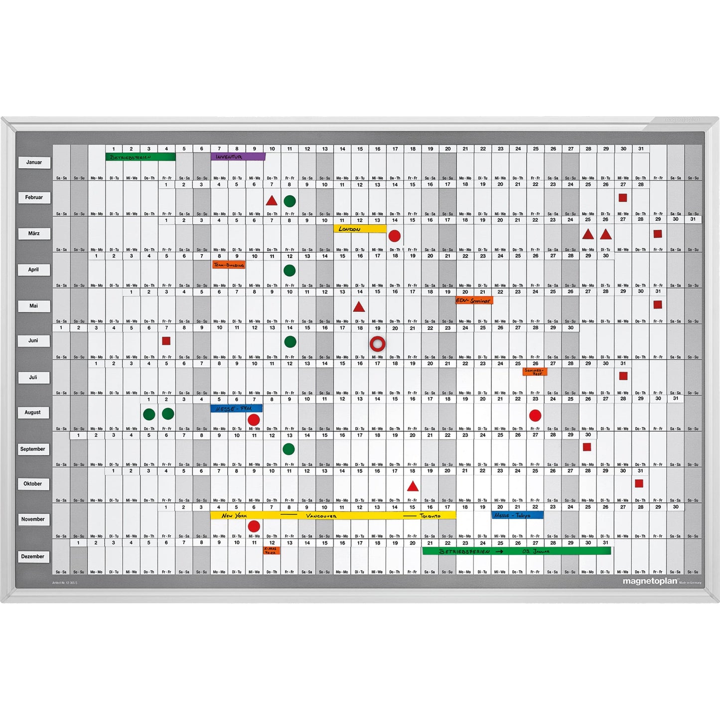 magnetoplan® Jahresplaner Manager 92 x 62,5 cm (B x H) 12 Monate inkl. 1 Boardmarker magnetisch mit Löscher, 1 wasserlöslicher Boardmarker, 1 Datumsmagnet, 12 Monatsmagnete, verschiendene Jahreszahlen, magnethaftende Kalenderstreifen Aluminium weiß