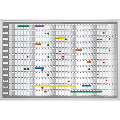 magnetoplan® Jahresplaner Manager 92 x 62,5 cm (B x H) 12 Monate inkl. 1 Boardmarker magnetisch mit Löscher, 1 wasserlöslicher Boardmarker, 1 Datumsmagnet, 12 Monatsmagnete, verschiendene Jahreszahlen, magnethaftende Kalenderstreifen Aluminium weiß