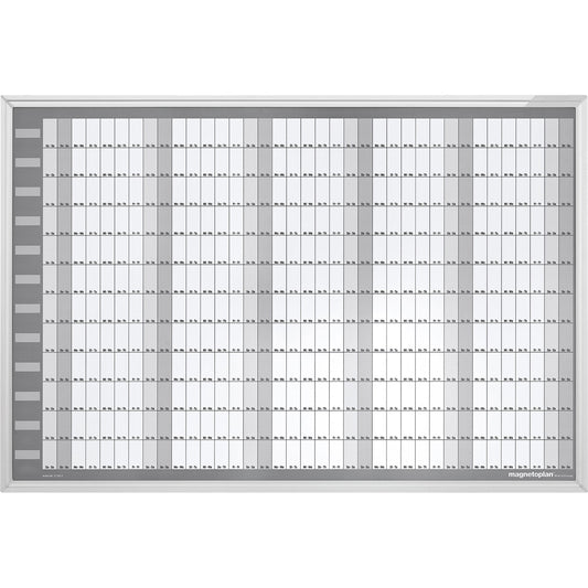 magnetoplan® Jahresplaner Manager 92 x 62,5 cm (B x H) 12 Monate inkl. 1 Boardmarker magnetisch mit Löscher, 1 wasserlöslicher Boardmarker, 1 Datumsmagnet, 12 Monatsmagnete, verschiendene Jahreszahlen, magnethaftende Kalenderstreifen Aluminium weiß