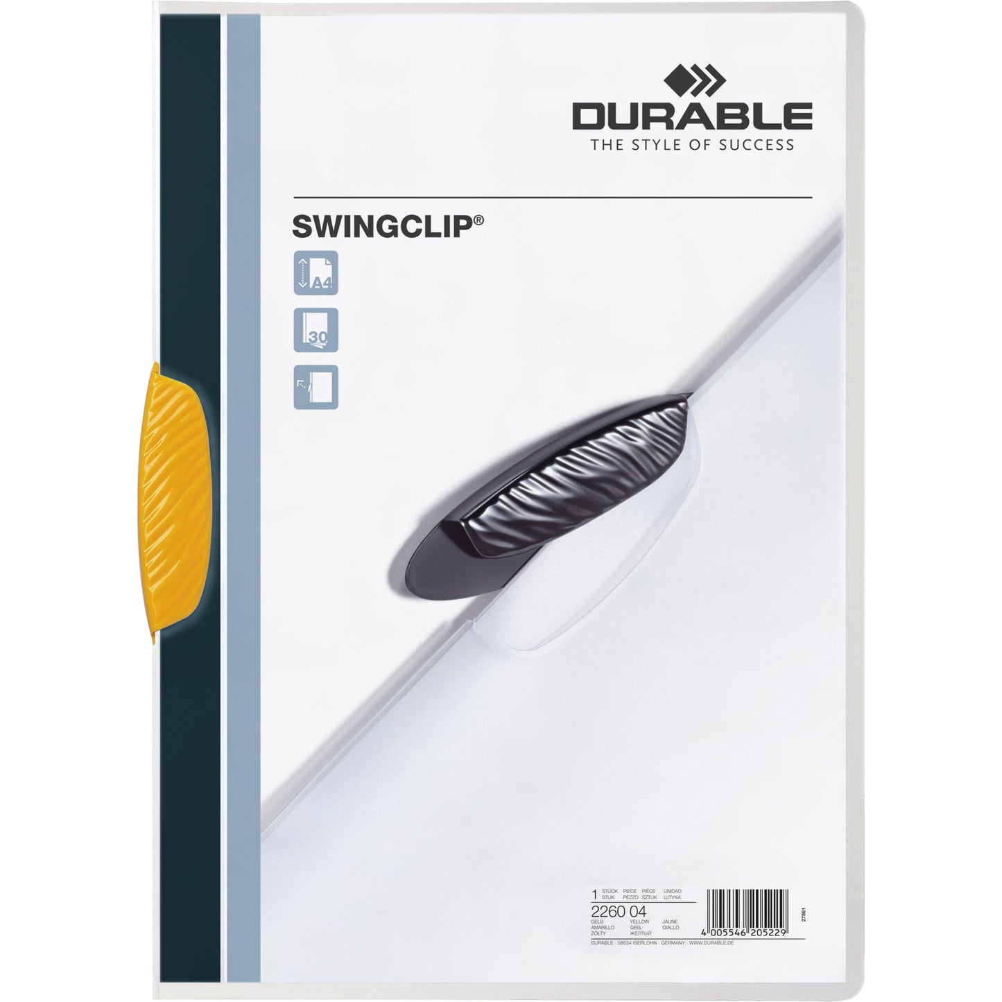DURABLE Klemmmappe SWINGCLIP® DIN A4 Polypropylen Farbe der Rückseite: transparent Farbe der Klemme: gelb