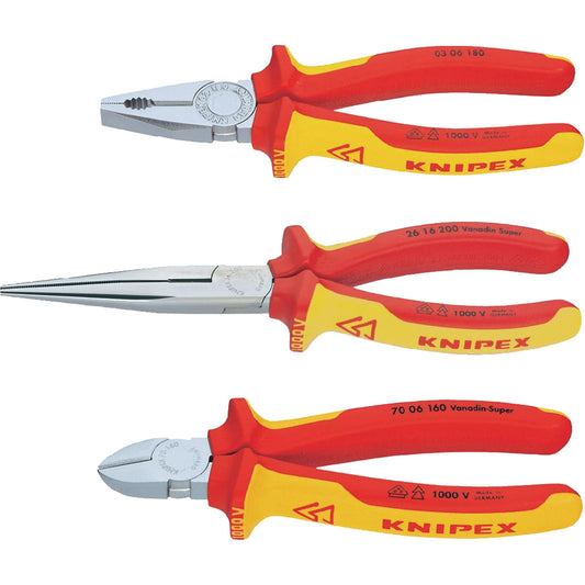 KNIPEX Zangen-Set Kombizange 03 06 180 (180 mm), Flachrundzange mit Schneide 26 16 200 (200 mm), Seitenschneider 70 06 160 (160 mm) rot/gelb