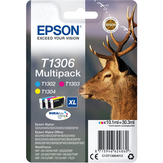 Epson Tintenpatrone Originalzubehör T1306 ca. 765 Seiten cyan, ca. 600 Seiten magenta, ca. 855 Seiten gelb mehrfarbig 3 x 10,1ml 3 St./Pack.