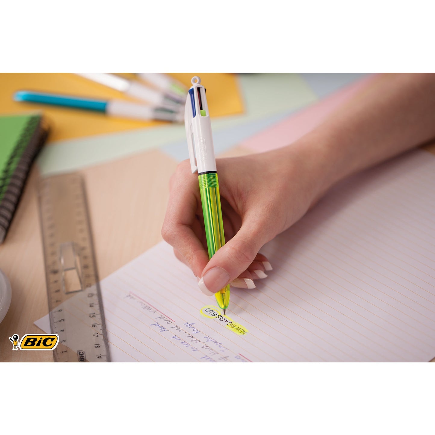 BIC® Mehrfarbkugelschreiber 4 Colours® Fluo blau, schwarz, rot: 0,4 mm, neongelb: 0,6mm blau, schwarz, rot, neongelb Druckmechanik