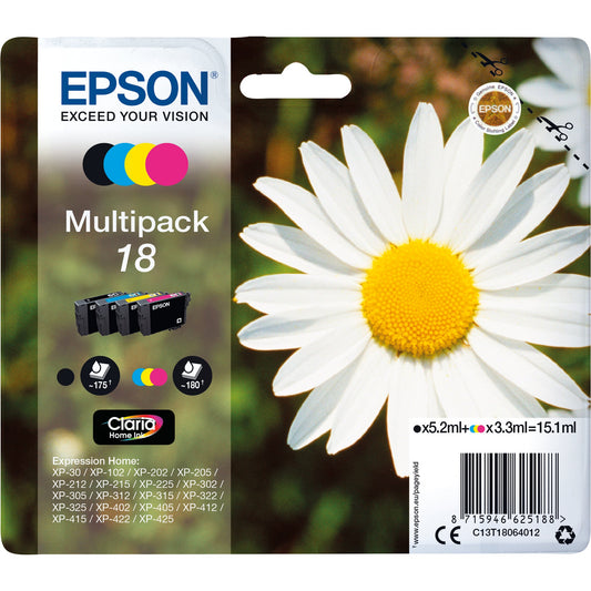 Epson Tintenpatrone Originalzubehör 18 ca. 175 Seiten schwarz, ca. 3 x 180 Seiten farbig schwarz, mehrfarbig 4 St./Pack.