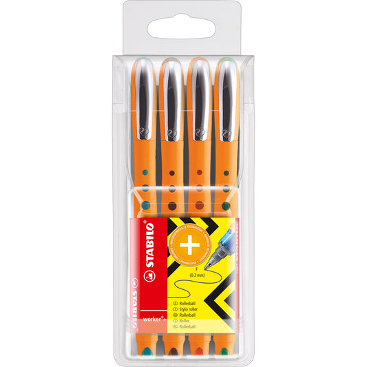 STABILO® Tintenroller worker®+ fine 0,3mm farbig sortiert Rundspitze nicht dokumentenecht 4 St./Pack.
