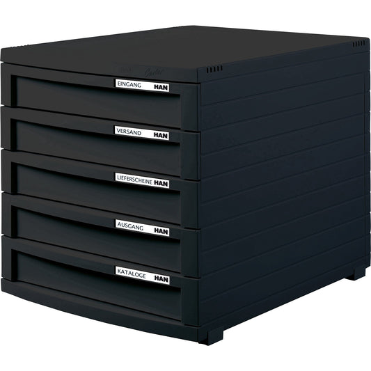 HAN Schubladenbox CONTUR 5 Schubladen DIN A4, DIN B4, DIN C4 Polystyrol Gehäusefarbe: schwarz Farbe der Schublade: schwarz