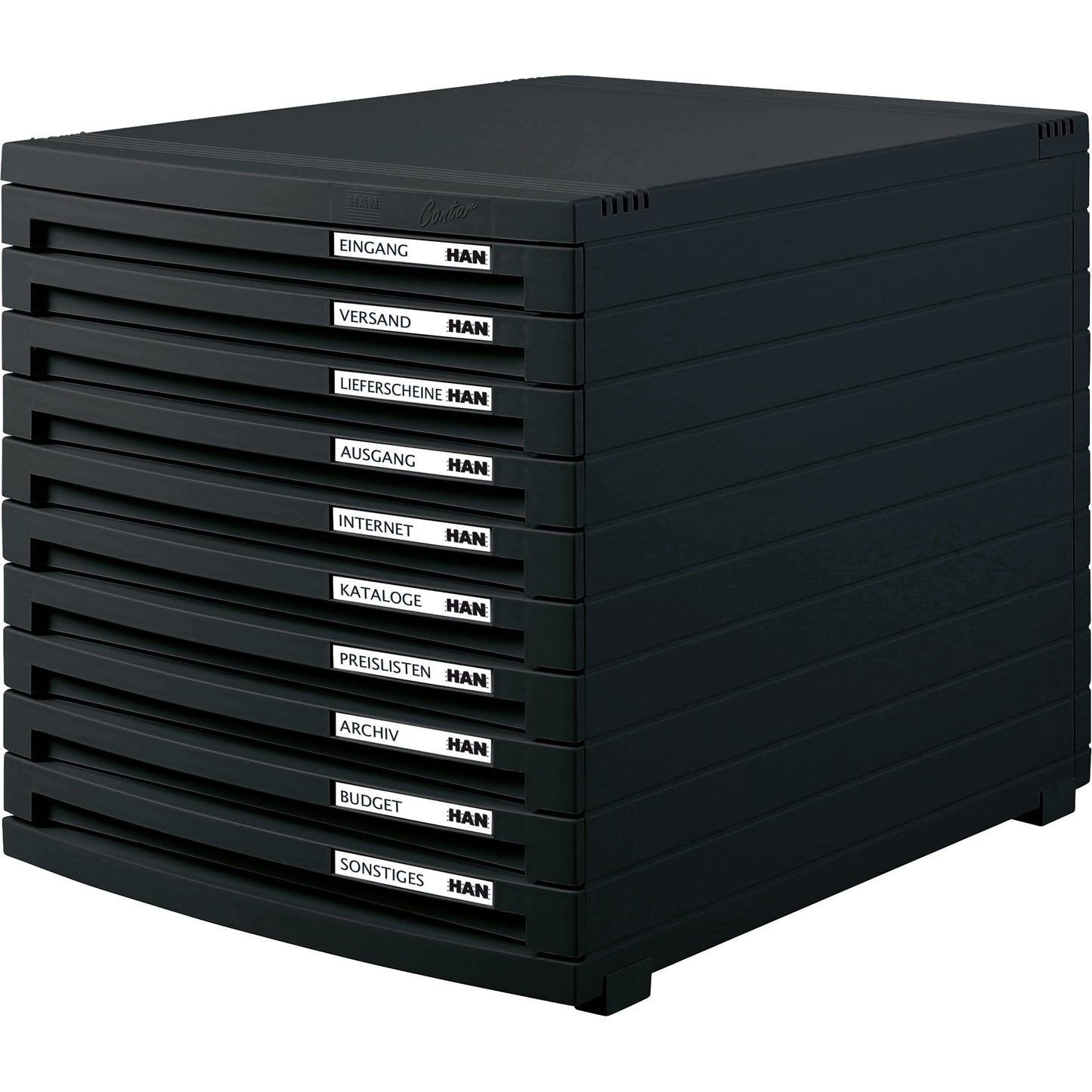 HAN Schubladenbox CONTUR 10 Schubladen DIN A4, DIN B4, DIN C4 Polystyrol Gehäusefarbe: schwarz Farbe der Schublade: schwarz