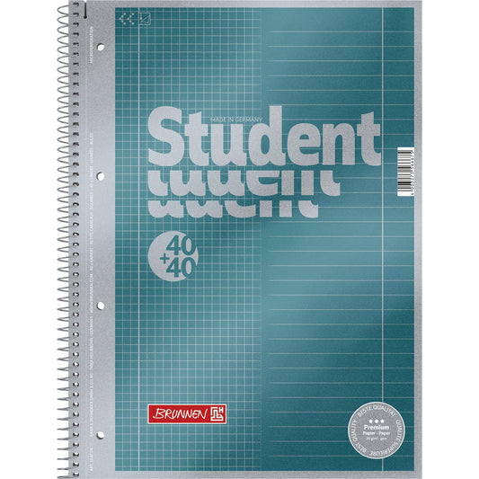 BRUNNEN Collegeblock Student Premium DIN A4 liniert/kariert 90g/m² petrol metallic 80 Bl.