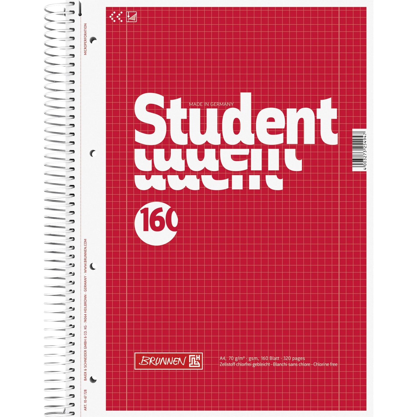 BRUNNEN Collegeblock Student DIN A4 kariert mit Rand innen/außen 70g/m² Karton rot 160 Bl.
