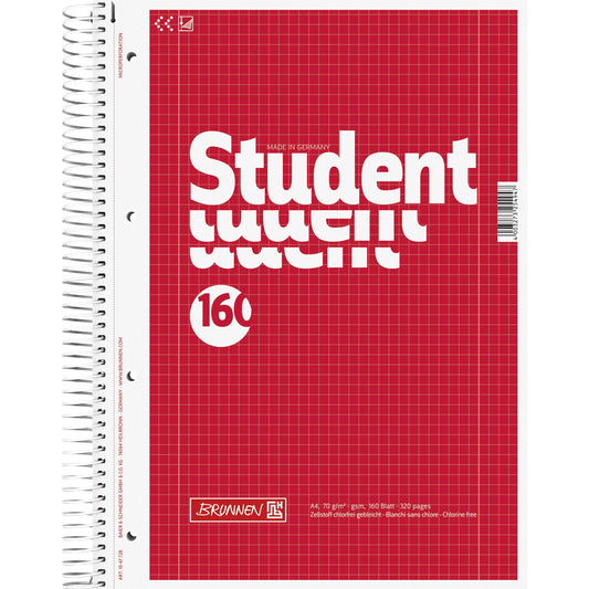 BRUNNEN Collegeblock Student DIN A4 kariert mit Rand innen/außen 70g/m² Karton rot 160 Bl.
