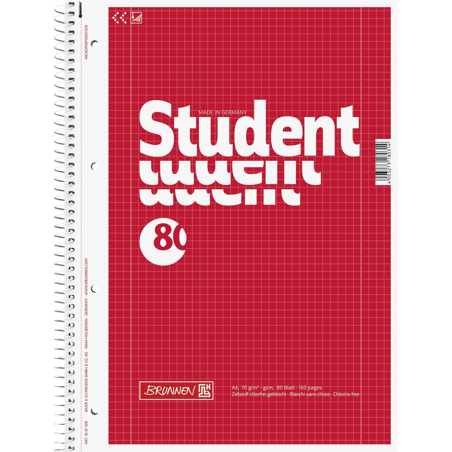 BRUNNEN Collegeblock Student DIN A4 kariert mit Rand innen/außen 70g/m² rot 80 Bl.