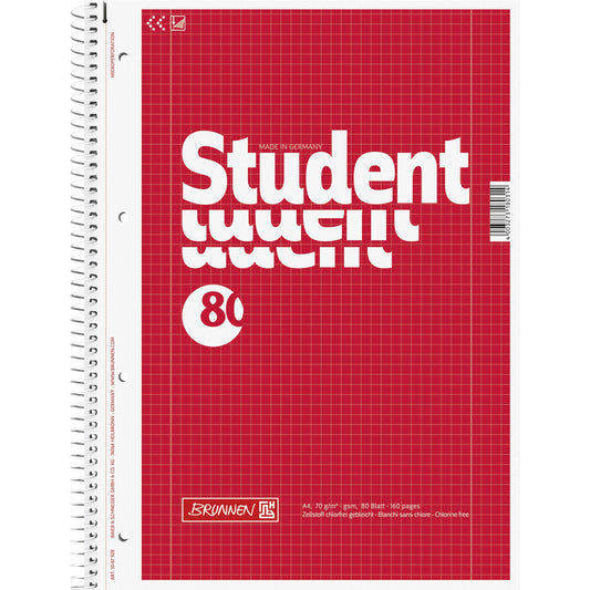 BRUNNEN Collegeblock Student DIN A4 kariert mit Rand innen/außen 70g/m² rot 80 Bl.