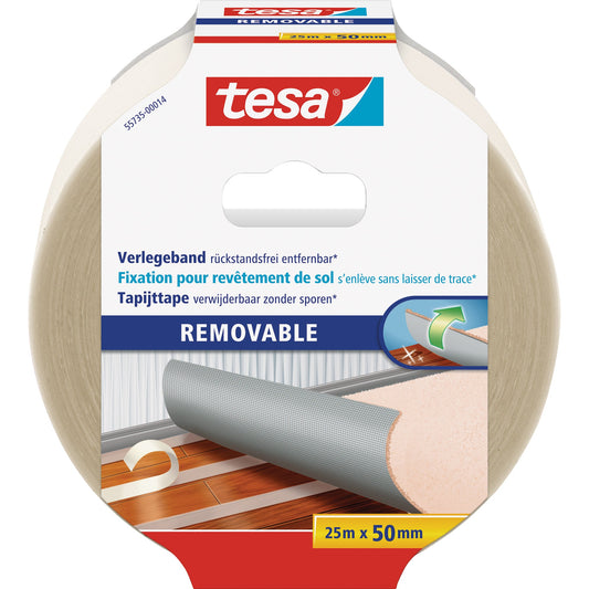 tesa® Verlegeband Removable 50 mm x 25 m (B x L) beidseitig klebend wieder ablösbar Polypropylen transparent