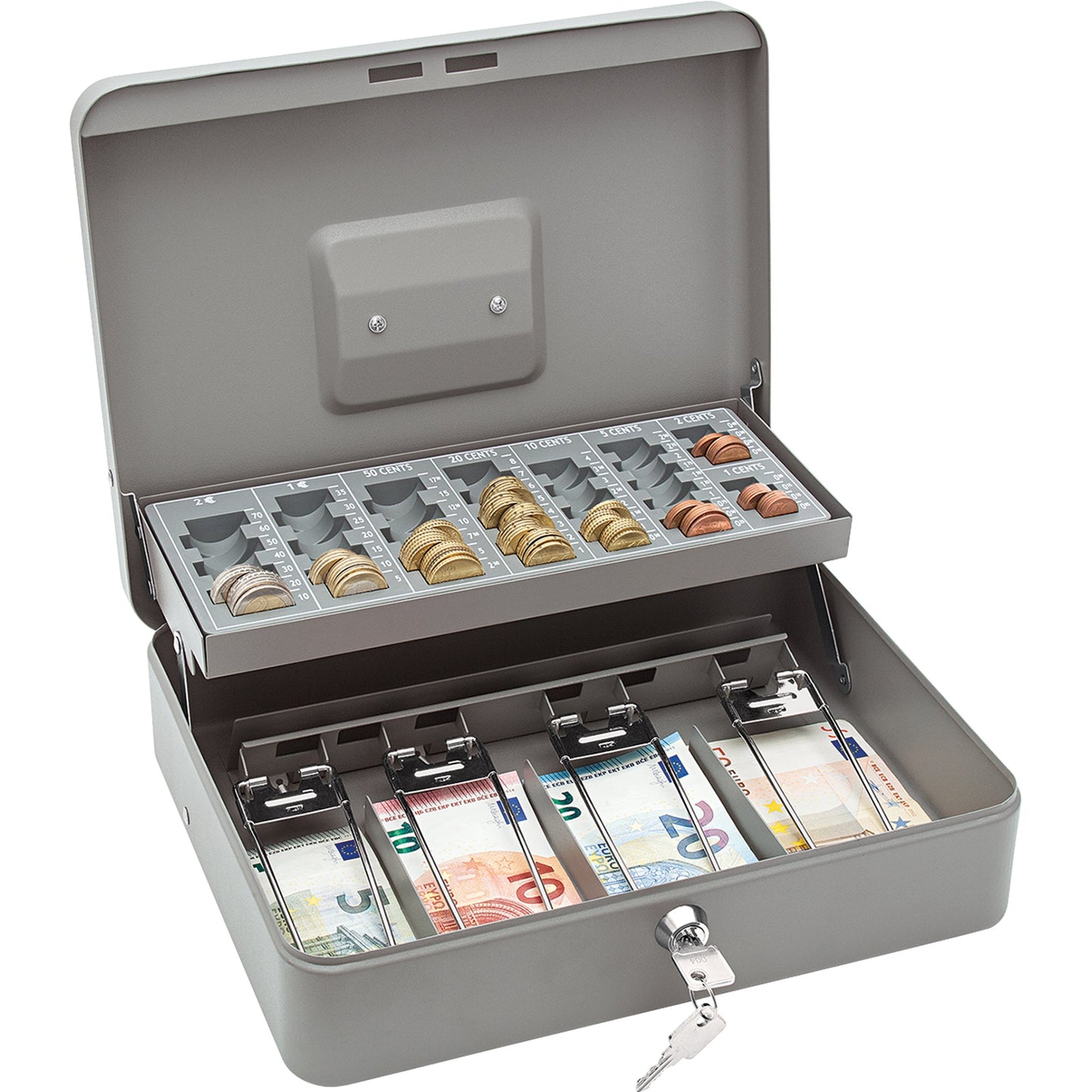 WEDO® Geldkassette Standard PLUS 30 x 9 x 24 cm (B x H x T) 4 Fächer für Banknoten 8 Fächer für Hartgeld mit Schloss Stahlblech, pulverbeschichtet grau