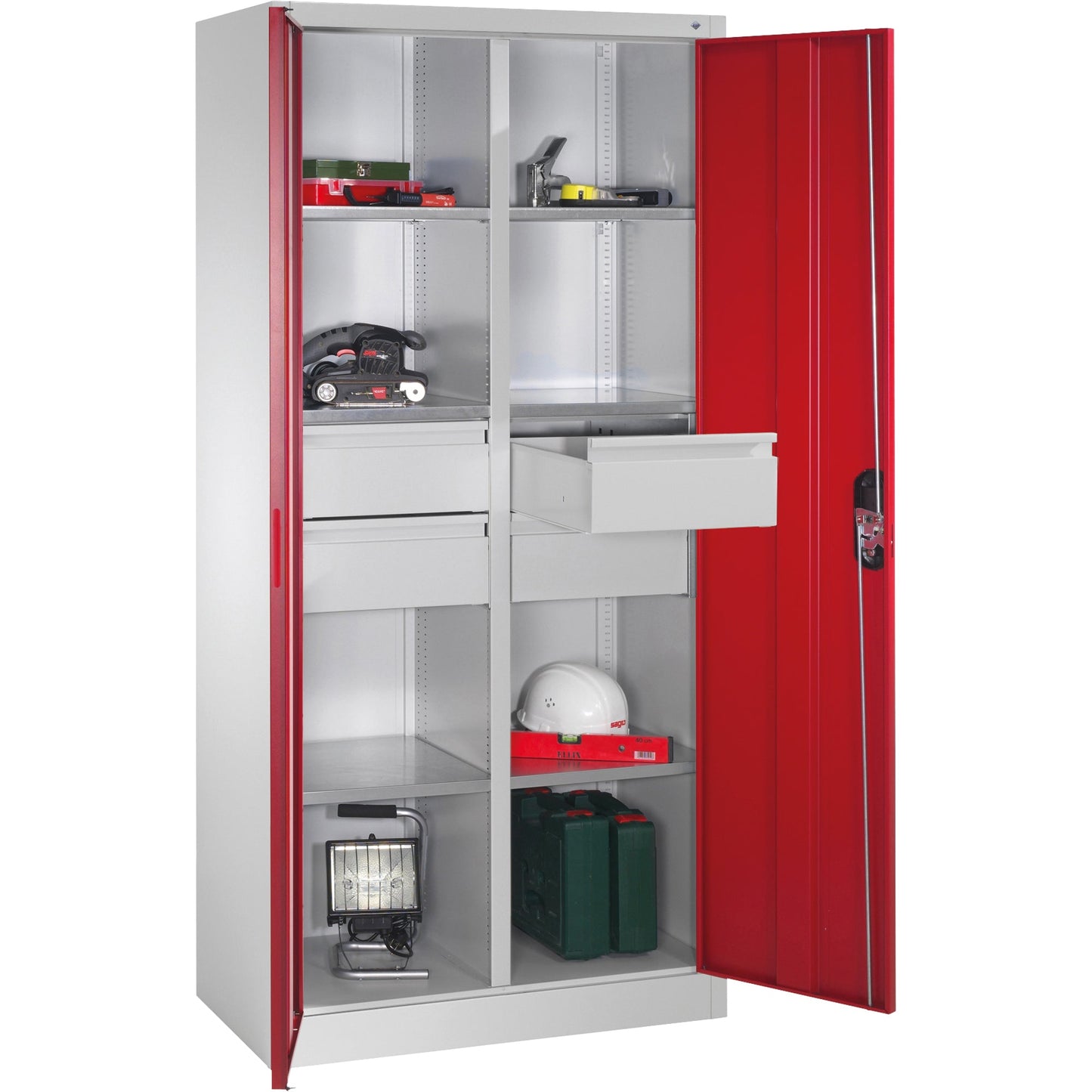 C+P Werkzeugschrank 930 x 1.950 x 500 mm (B x H x T) Stahl, lackiert Farbe der Front: rubinrot Farbe des Korpus: lichtgrau