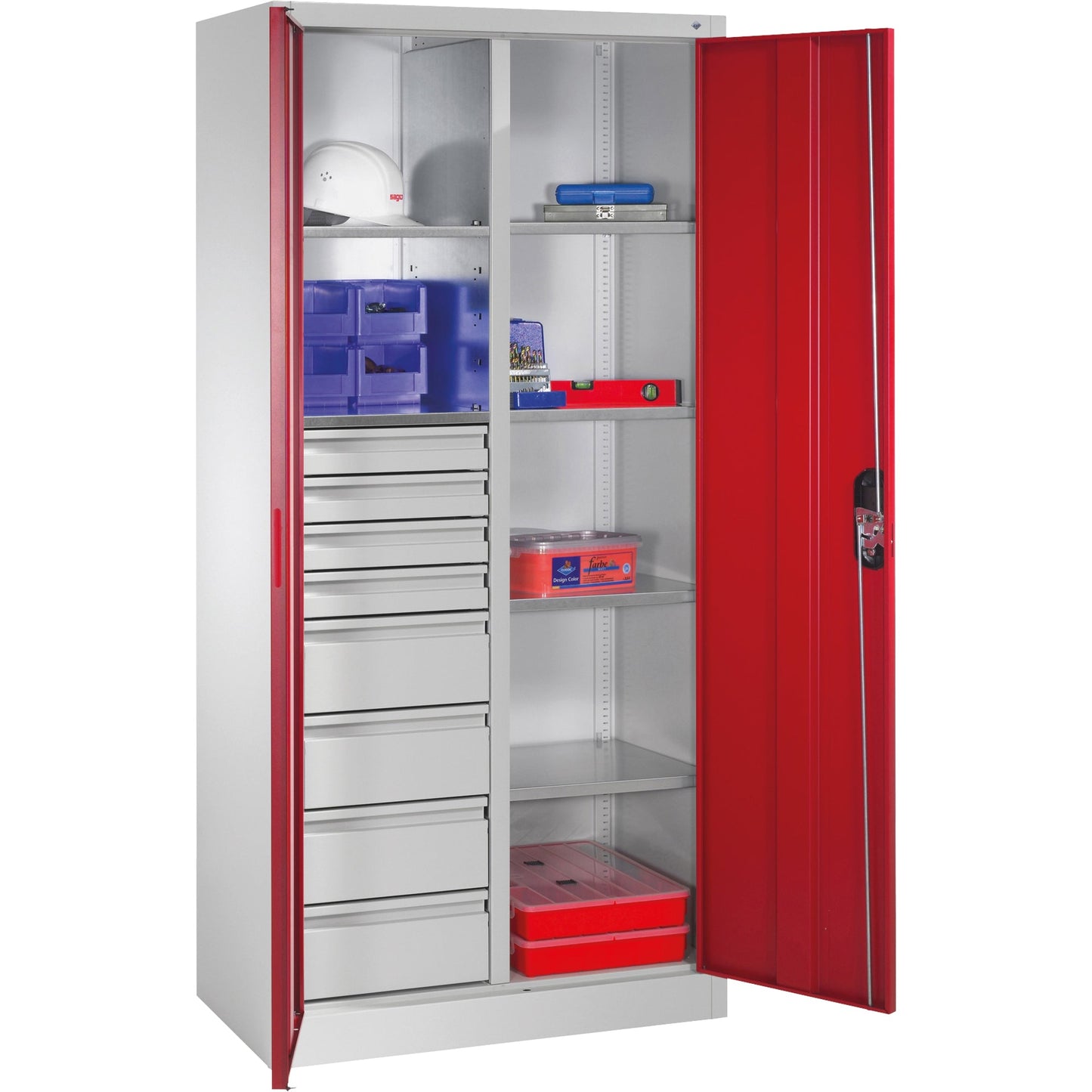 C+P Werkzeugschrank 930 x 1.950 x 500 mm (B x H x T) Stahl, lackiert Farbe der Front: rubinrot Farbe des Korpus: lichtgrau