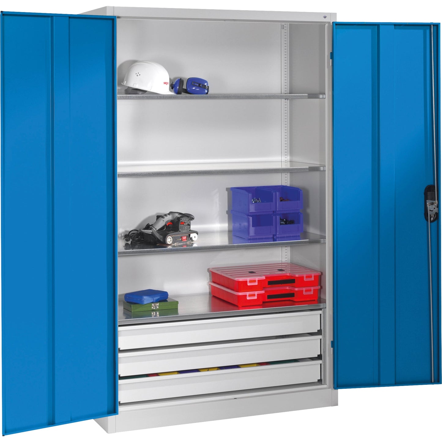 C+P Werkzeugschrank Serie 89 1.200 x 1.950 x 500 mm (B x H x T) Stahl, lackiert Farbe der Front: lichtblau Farbe des Korpus: lichtgrau