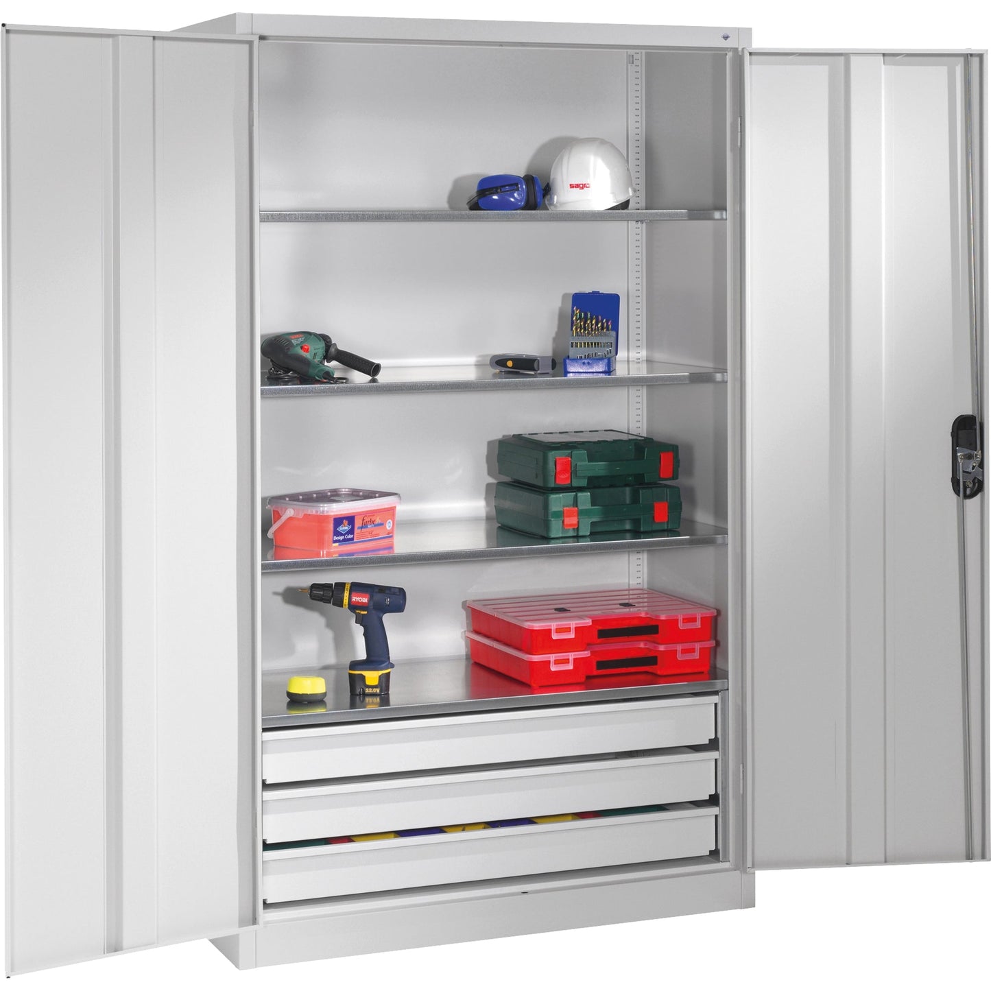 C+P Werkzeugschrank Serie 89 1.200 x 1.950 x 500 mm (B x H x T) Stahl, lackiert Farbe der Front: lichtgrau Farbe des Korpus: lichtgrau