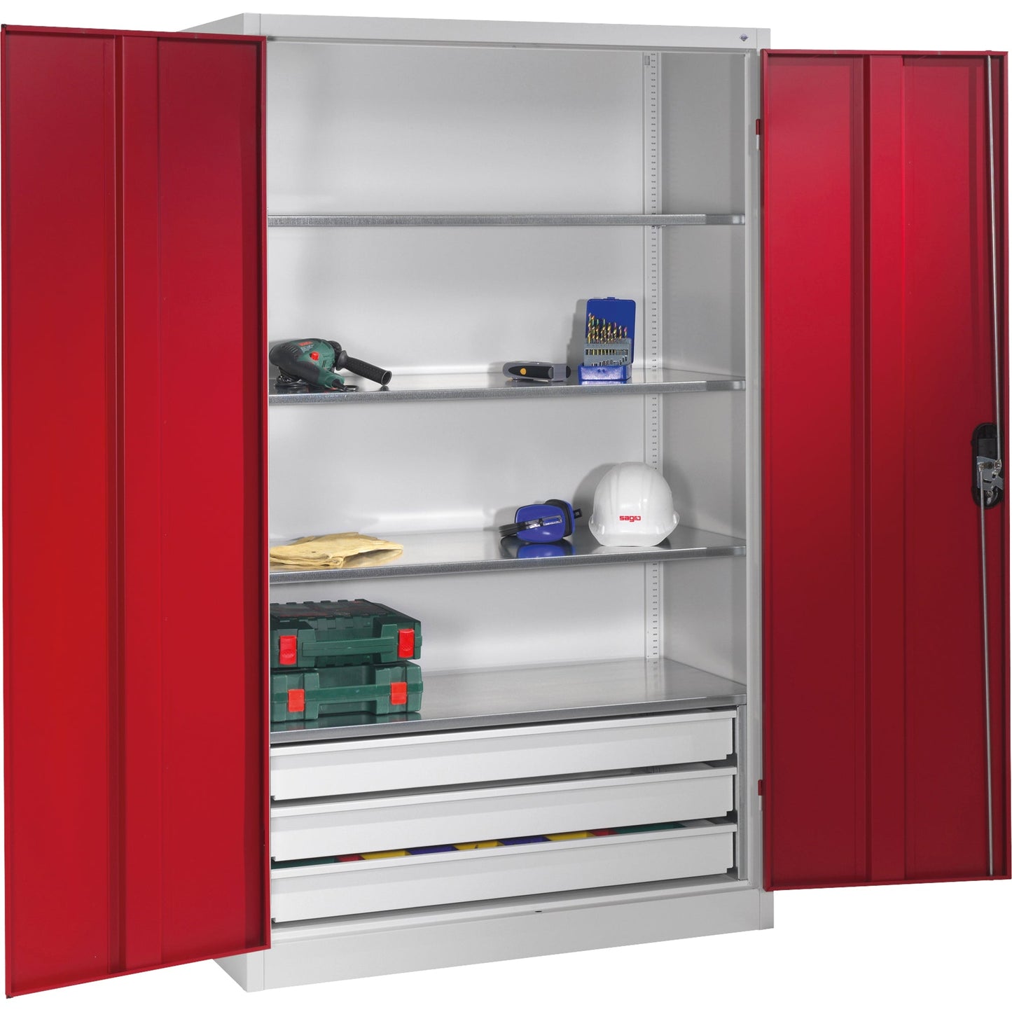 C+P Werkzeugschrank Serie 89 1.200 x 1.950 x 500 mm (B x H x T) Stahl, lackiert Farbe der Front: rubinrot Farbe des Korpus: lichtgrau
