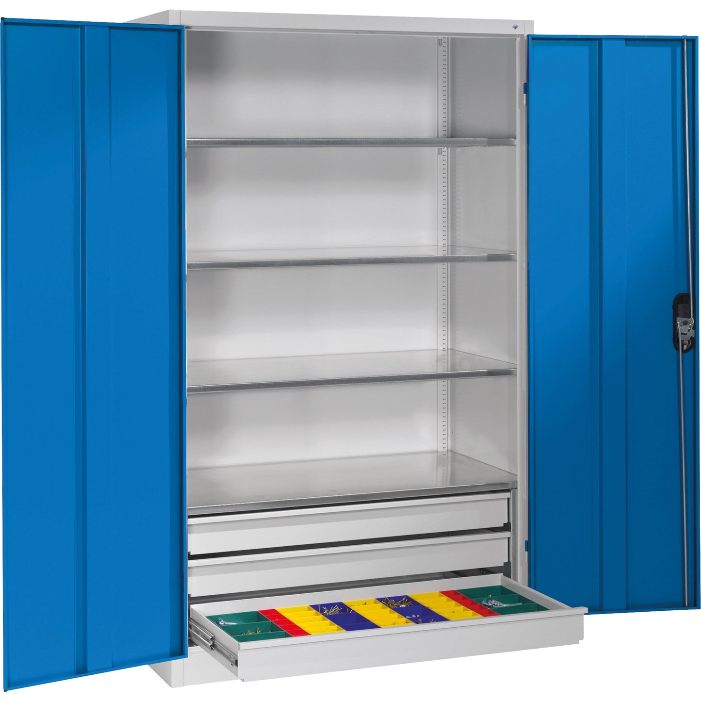 C+P Werkzeugschrank Serie 89 1.200 x 1.950 x 600 mm (B x H x T) Stahl, lackiert Farbe der Front: lichtblau Farbe des Korpus: lichtgrau