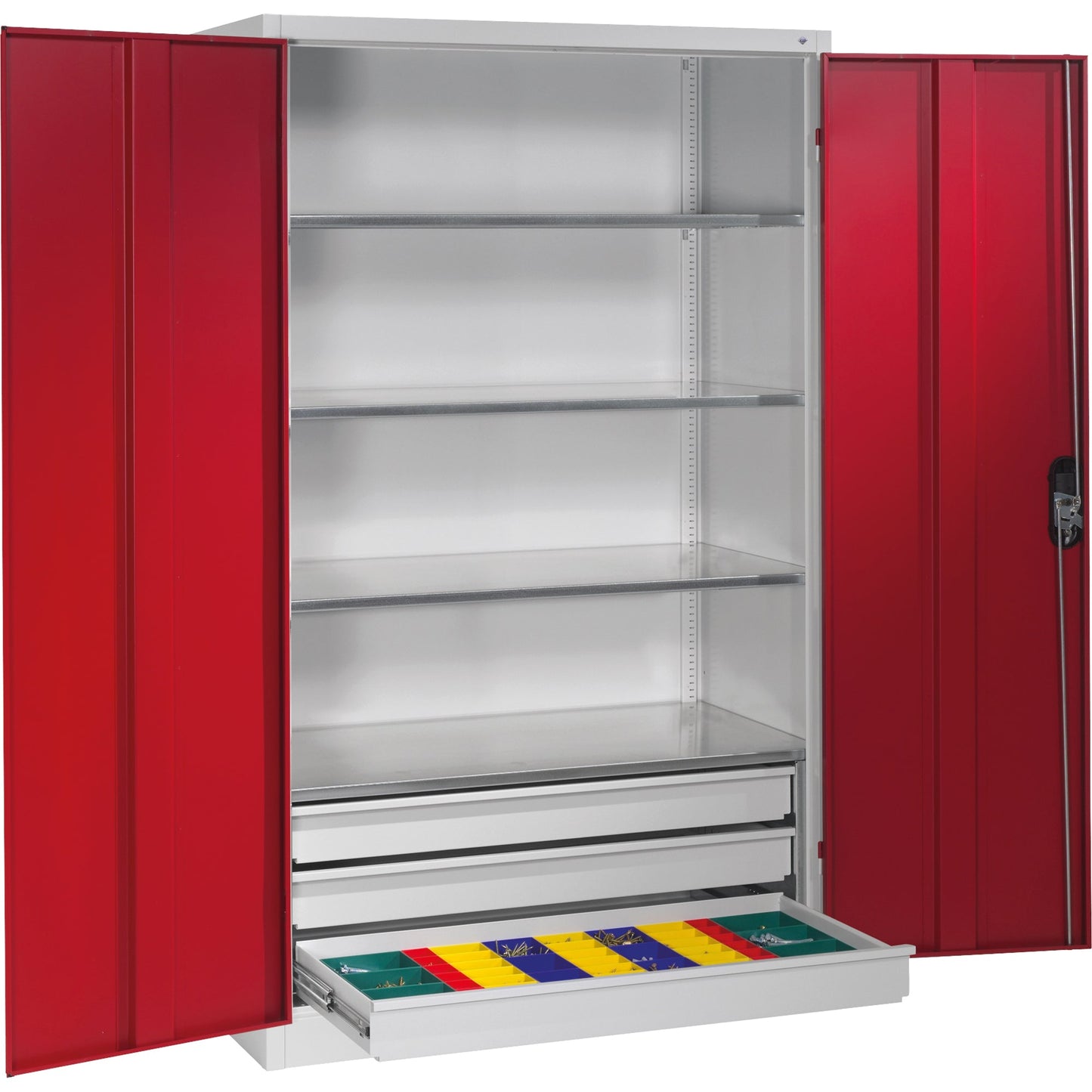C+P Werkzeugschrank Serie 89 1.200 x 1.950 x 600 mm (B x H x T) Stahl, lackiert Farbe der Front: rubinrot Farbe des Korpus: lichtgrau
